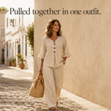 Lunavia – Linen-Look Two-Piece Set with Ruffle Sleeves and Wide-Leg Pants
