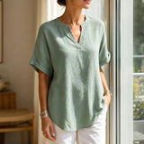 Linora – Notch V-Neck Short Sleeve Curved-Hem Tunic Blouse for Women