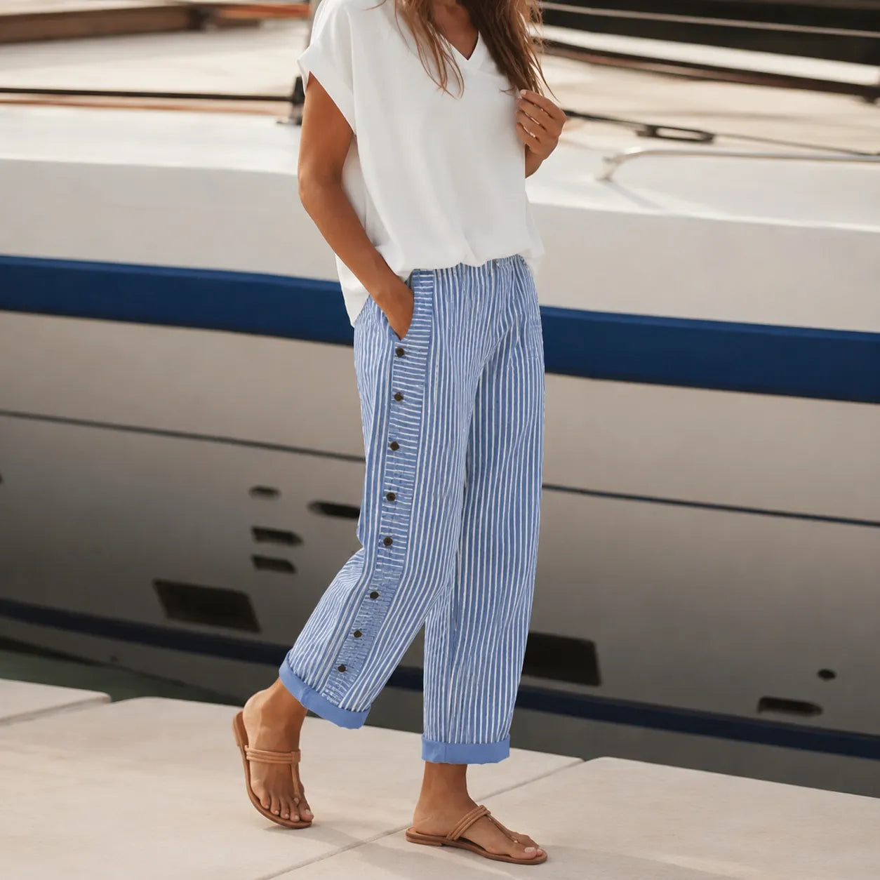 Marena – Striped Side-Button Cropped Summer Pants for Women