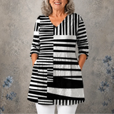 Vivelle – Long V-Neck Tunic Blouse with Pockets, Bold Print, 3/4 Sleeve