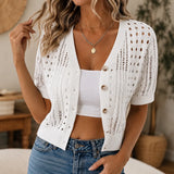 Lianora – Short Sleeve Open Knit Button Cardigan for Women