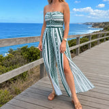 Solvana – Strapless Geometric Print Jumpsuit with Wide-Leg Slit Pants