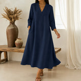 Lunara – Linen-Look V-Neck A-Line Maxi Dress with Pockets