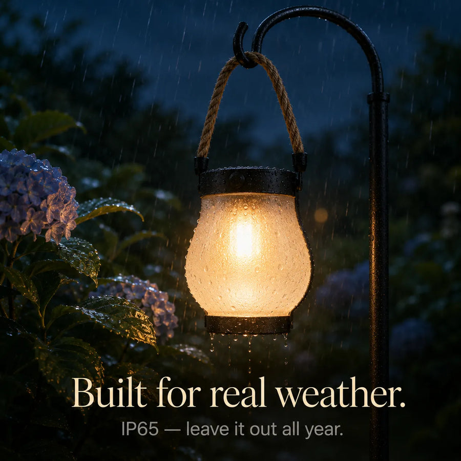 Weatherproof Lumvera lantern outdoors in rain