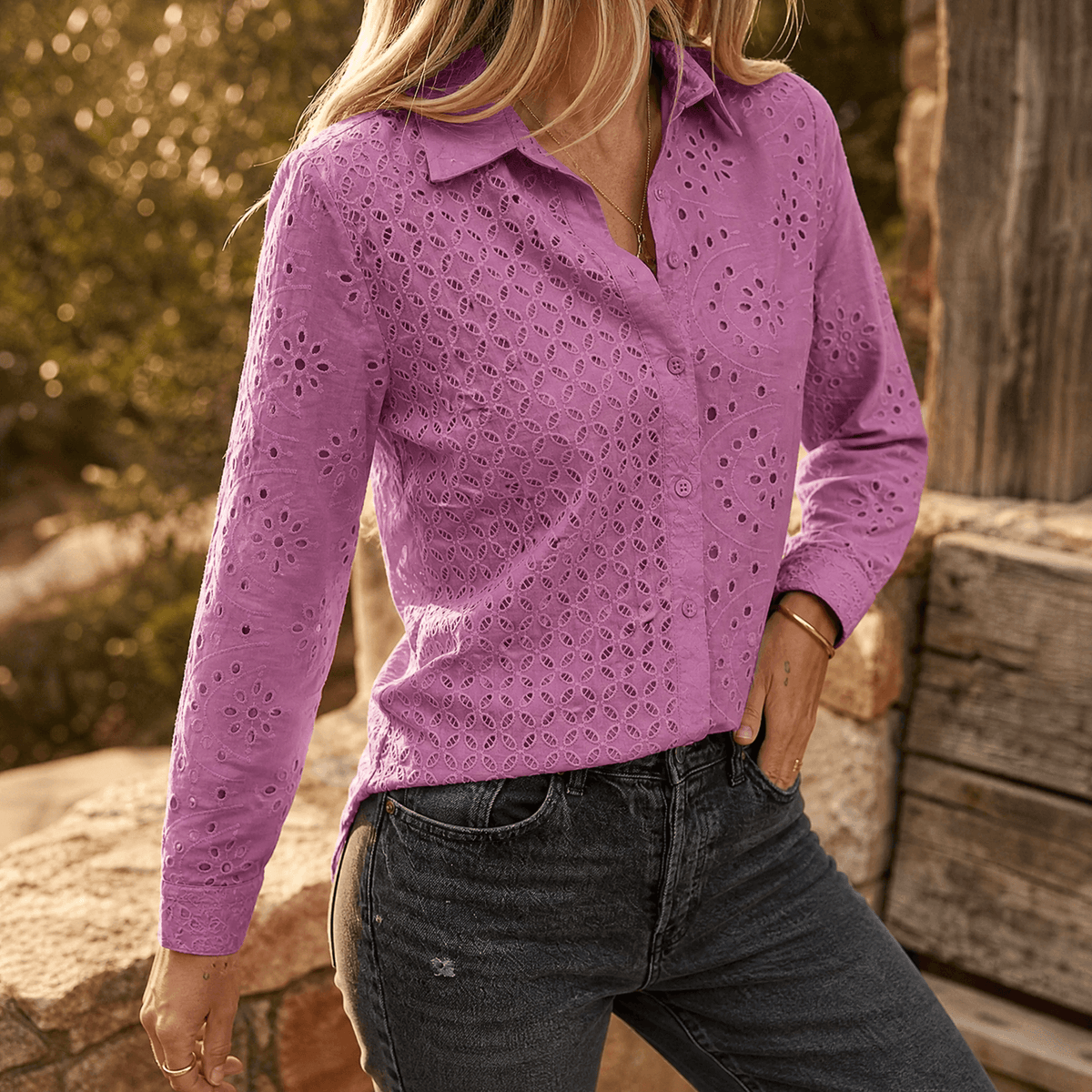 Florelle – Embroidered Eyelet Button Blouse