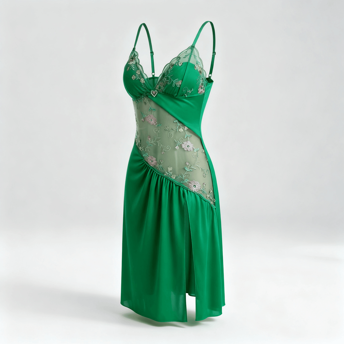 Florelle - Women's floral embroidered mesh nightgown with high slit