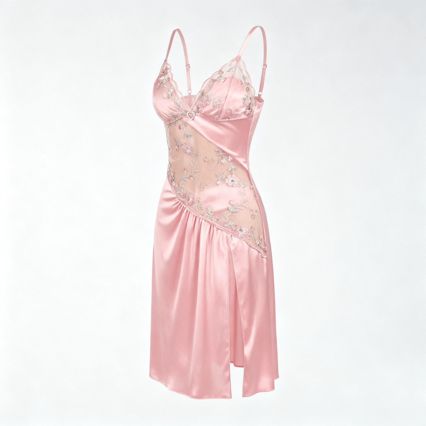 Florelle - Women's floral embroidered mesh nightgown with high slit