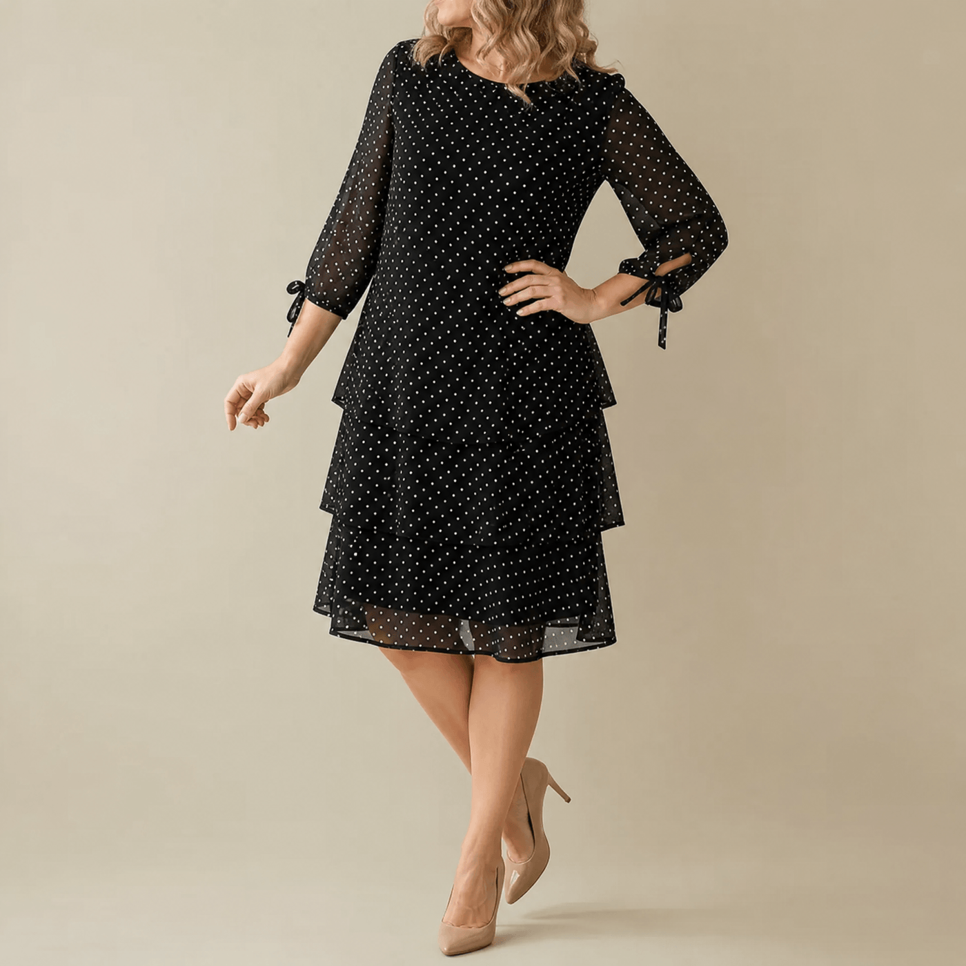 Florenne - Layered Chiffon Polka Dot Dress