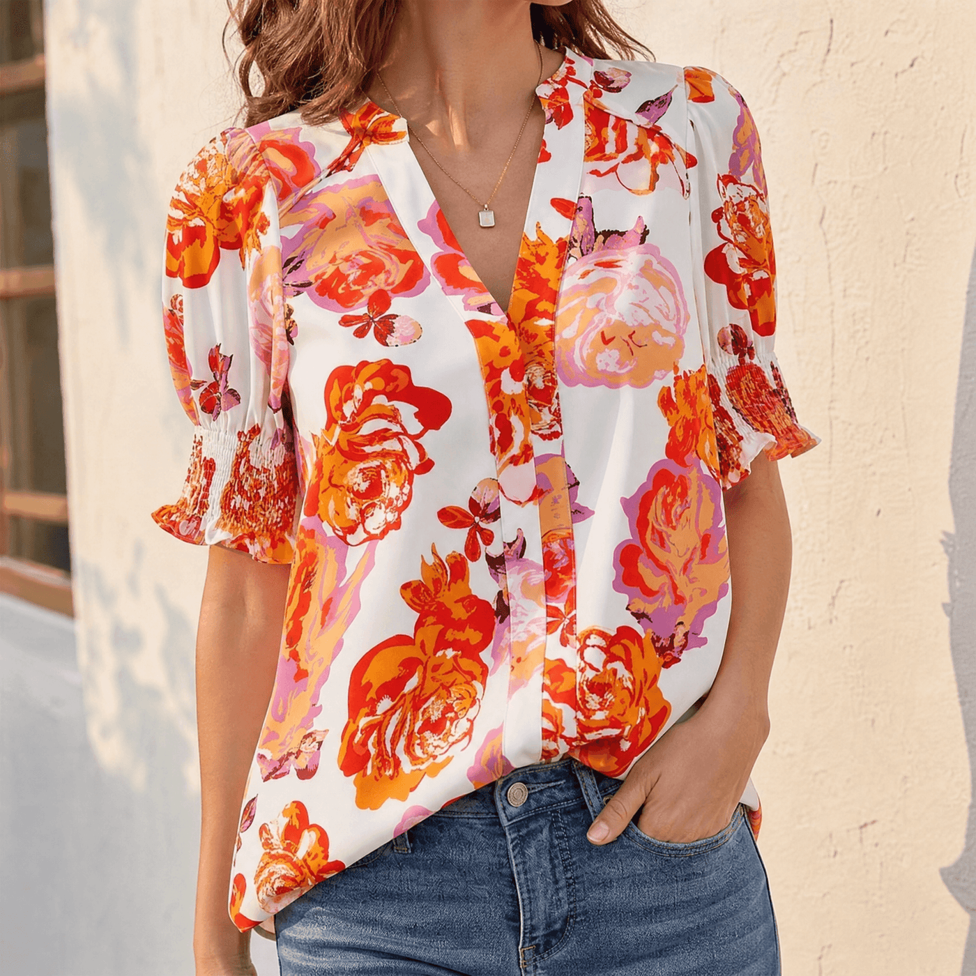 Florenza – Women's Floral Puff Sleeve V-Neck Blouse
