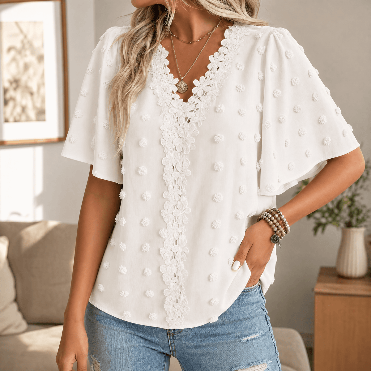 Florenza – Women's Jacquard Crochet-Lace V-Neck Blouse