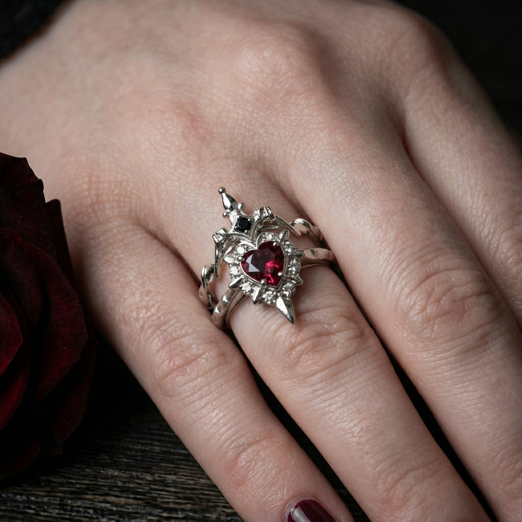 Noctelle – Pierced Heart Ring Set with Garnet Stone