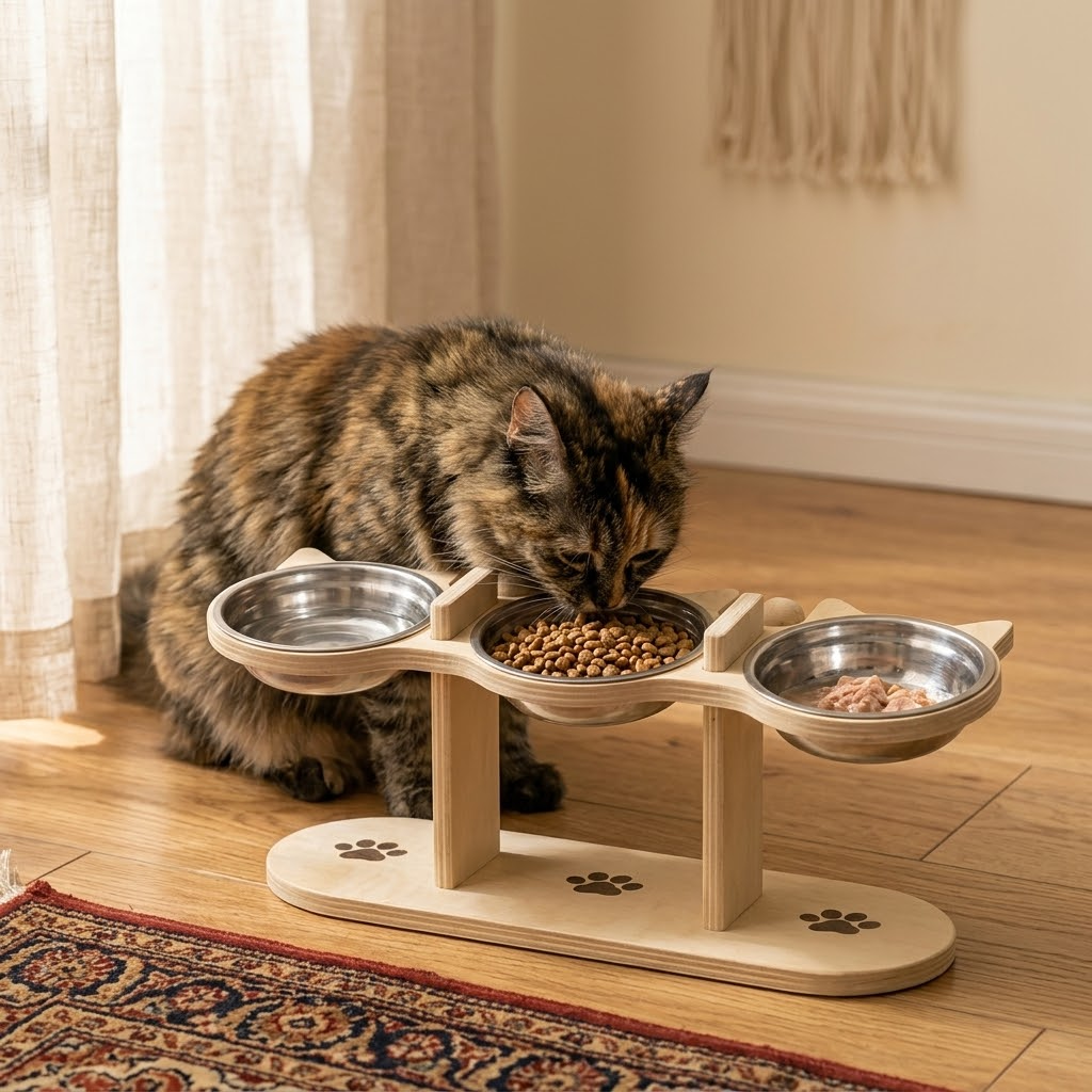 PawNest – 3-Bowl Wooden Pet Feeding Station