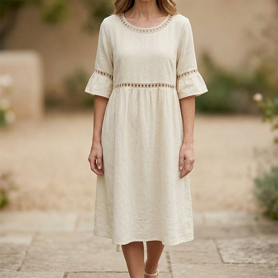 Solenne – Women's Breathable Cotton Linen Lace Midi Dress