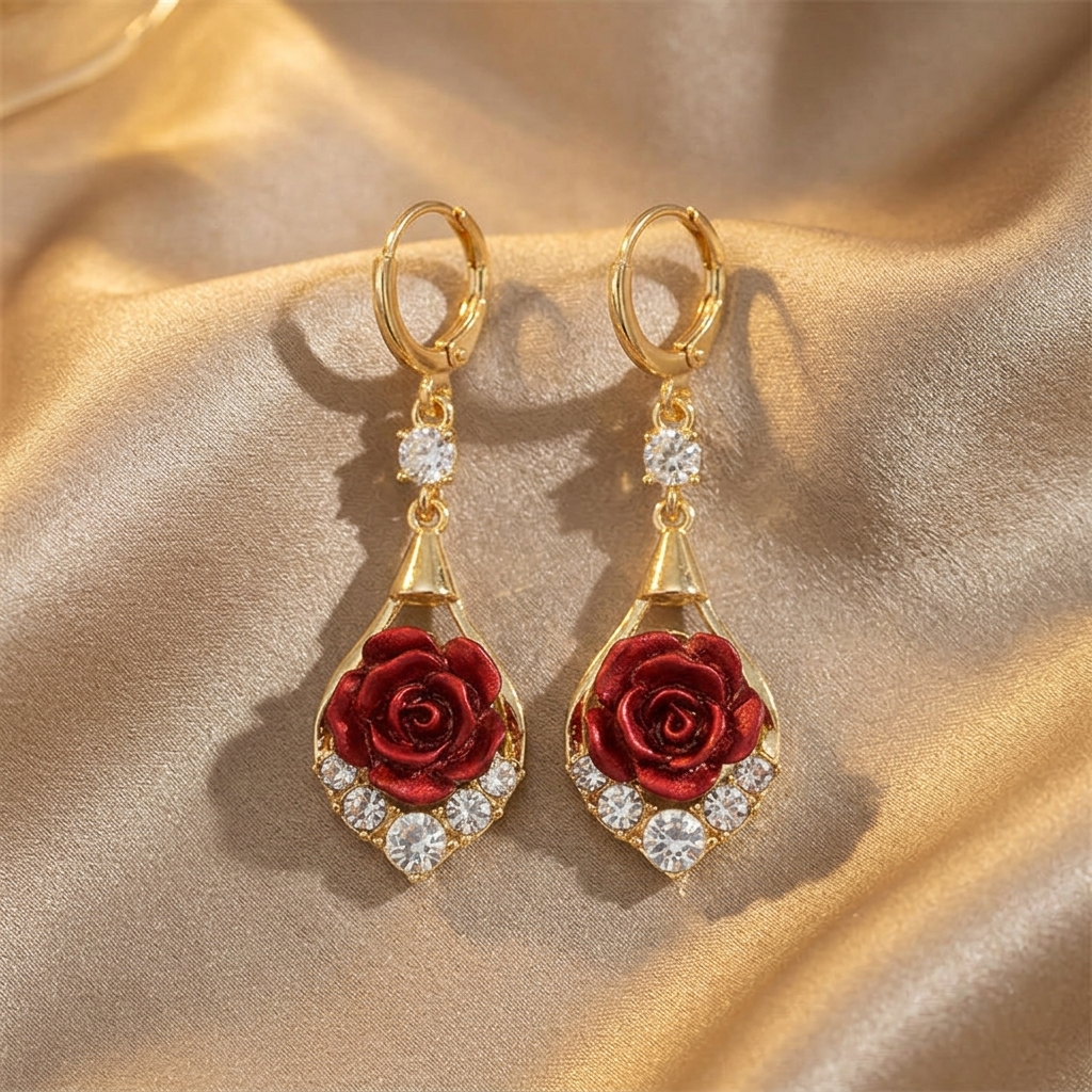 Rosavelle – Red Rose Crystal Drop Earrings