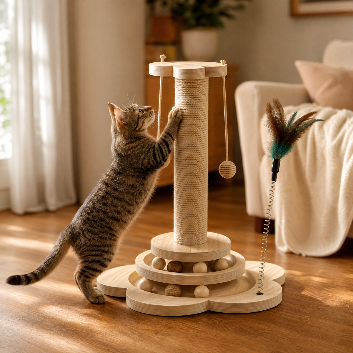 Purrch 3-in-1 Cat Scratching Post with Ball Track and Feather Wand