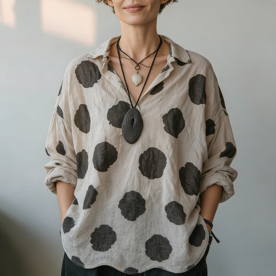 Marelle – Polka Dot Cotton-Linen V-Neck Blouse