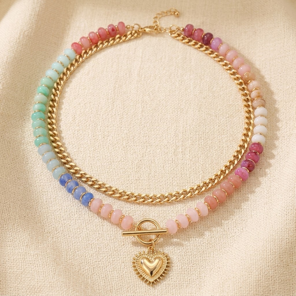 Lunavia – Pastel Bead Layered Necklace with Gold Heart