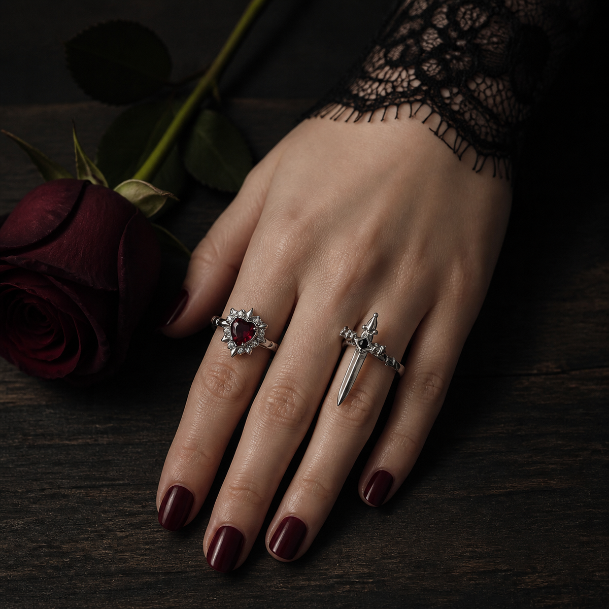 Noctelle – Pierced Heart Ring Set with Garnet Stone