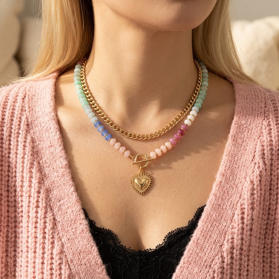 Lunavia – Pastel Bead Layered Necklace with Gold Heart