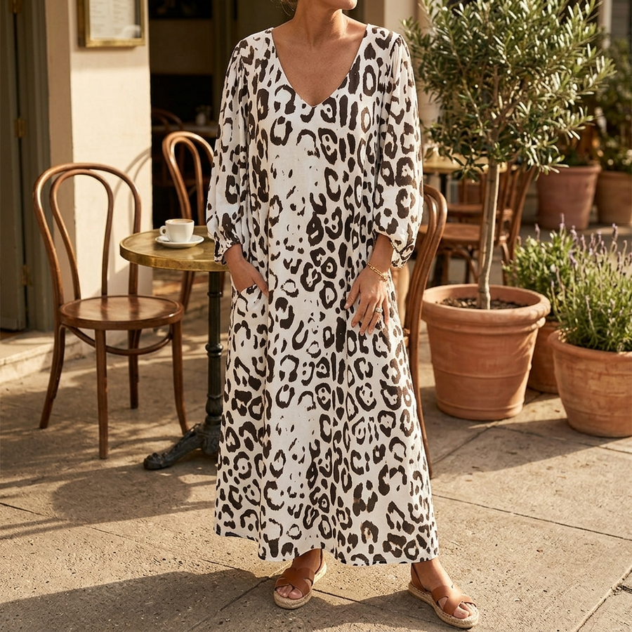 Vivara – Leopard Print V Neck Pocket Dress