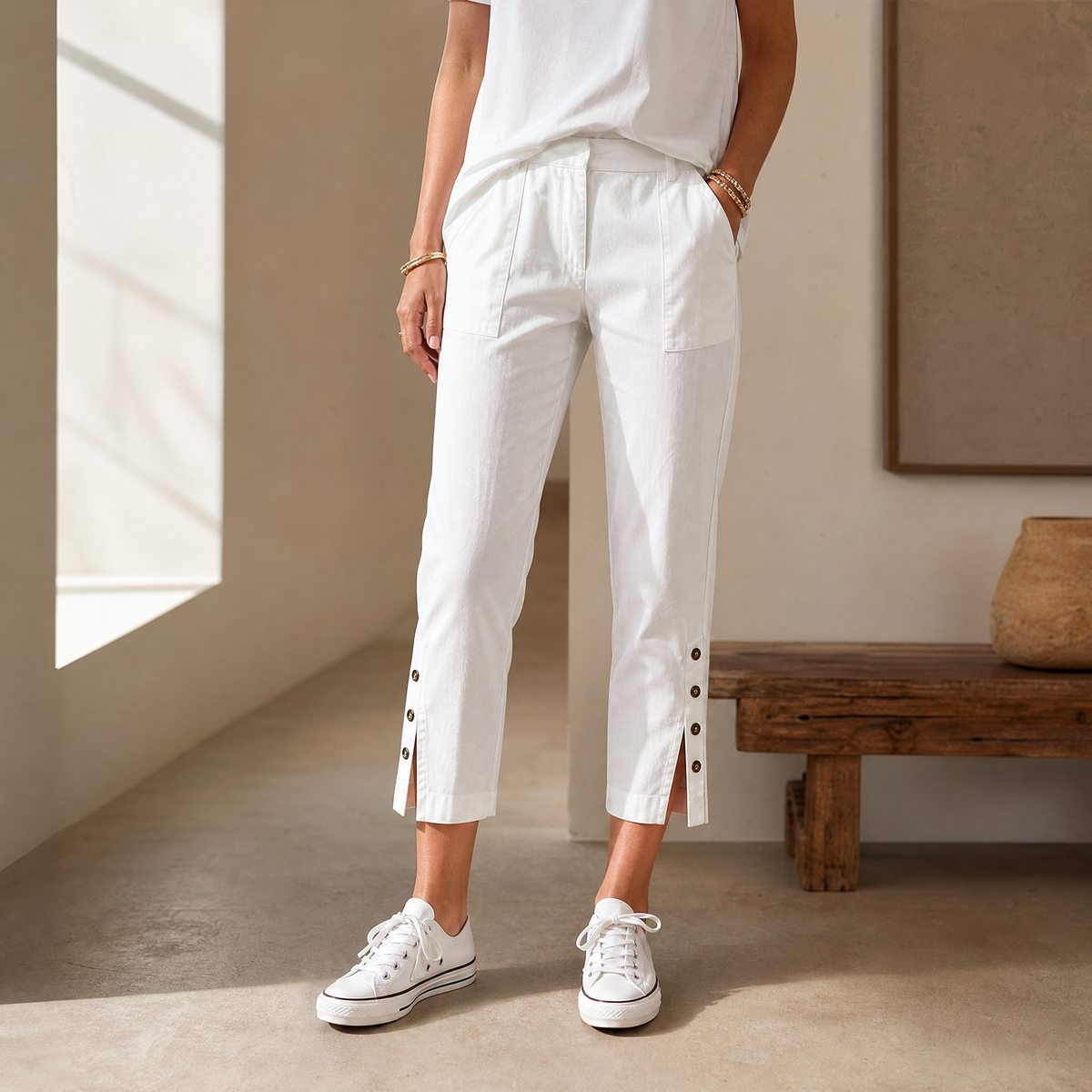 Lunessa – Button-Hem Cropped Cotton Pants