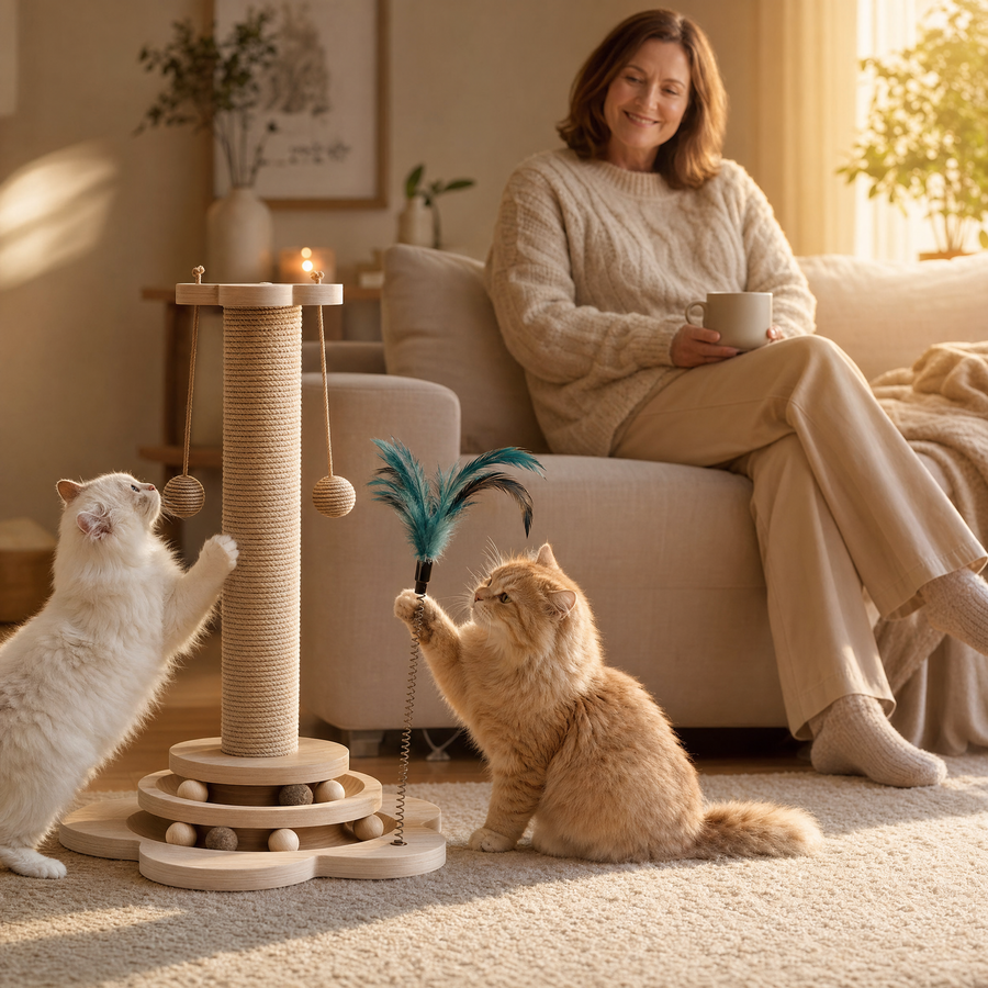Purrch 3-in-1 Cat Scratching Post with Ball Track and Feather Wand