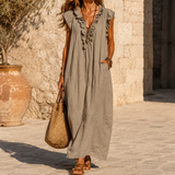 Veluna – Women's Ruffle-V Midi Dress with Pockets