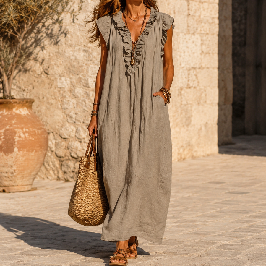 Veluna – Women's Ruffle-V Midi Dress with Pockets