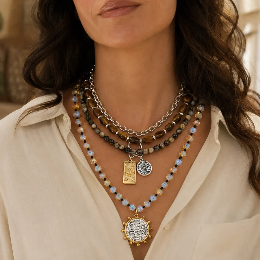 Solenya – Vintage Boho Layered Necklace with Tarot, Compass & Coin Pendants
