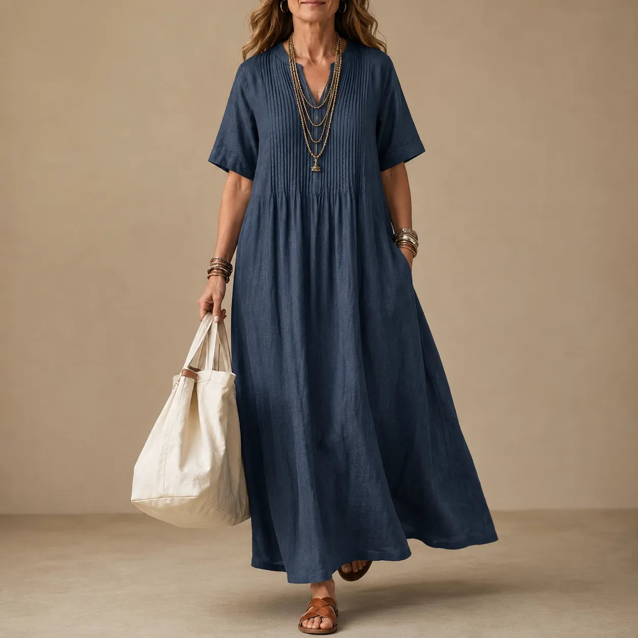 Lunavia – Pleated V-Neck Maxi Dress with Pockets