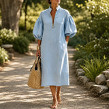 Solvana – Half-Zip Puff Sleeve Loose Midi Dress with Pockets
