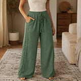 Marella – Wide Leg Boho Pants with Lace-like Side Trim and Drawstring Waist