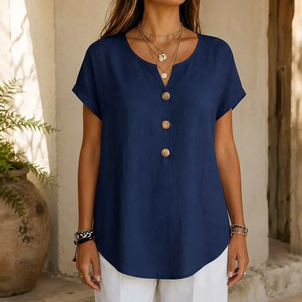 Lyneva – Linen-Look V-Neck Button Top for Women, Relaxed Casual Short-Sleeve Blouse