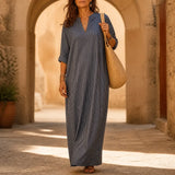 Vestara – Boho Striped V-Neck Maxi Dress with Pockets, Long Sleeves