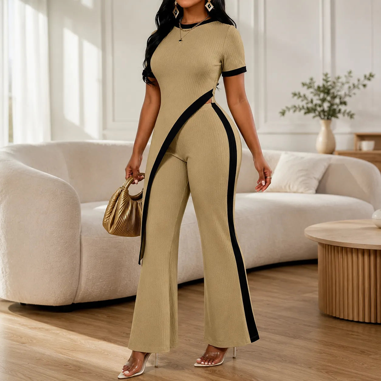 Velora – Asymmetric Ribbed Two-Piece Set with Flared Pants