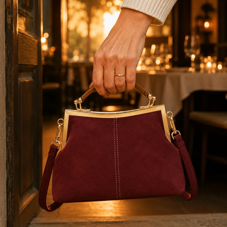 Marelli – Suede-look shell bag with gold tone-frame clasp and crossbody strap
