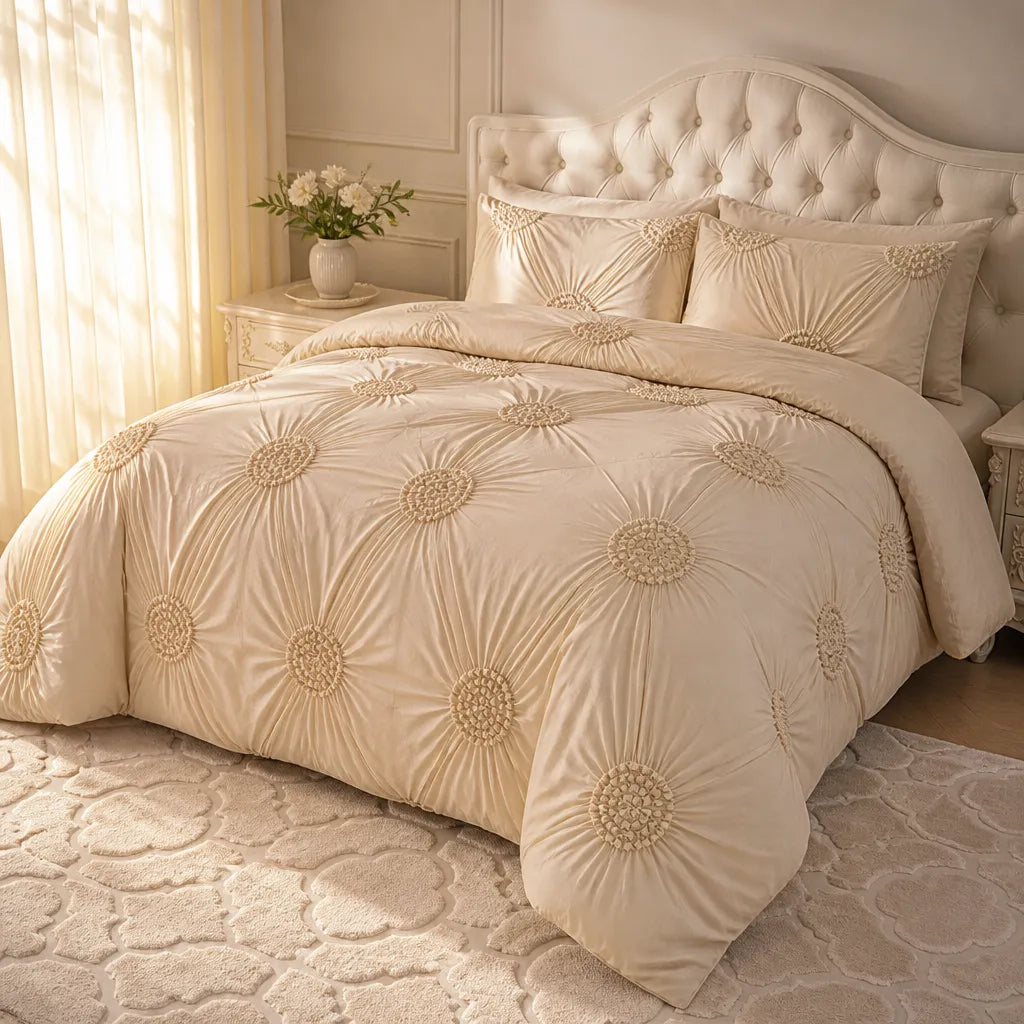 Lunavia – Ivory Tufted Rosette Comforter Cover Set with Shams