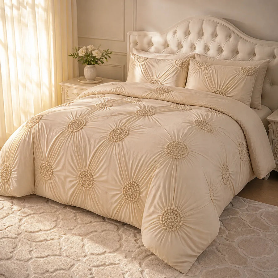 Lunavia – Ivory Tufted Rosette Comforter Cover Set with Shams