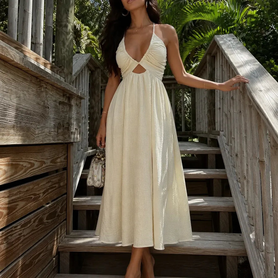 Solvenya – V-Neck Halter Maxi Dress with Cutout and Slit