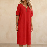 Lorelane – Relaxed V-Neck Midi Dress with Pockets for Women