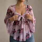 Roselyn – Floral tie-front bell sleeve mesh blouse