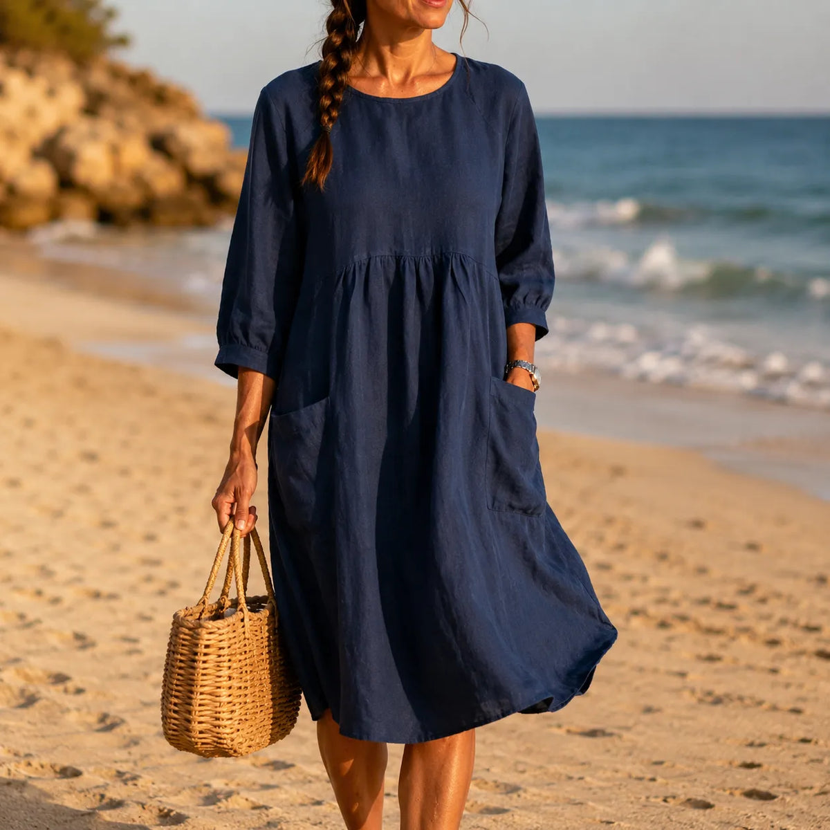 Marelle – Linen-Look Midi Dress with Three-Quarter Sleeves & Pockets