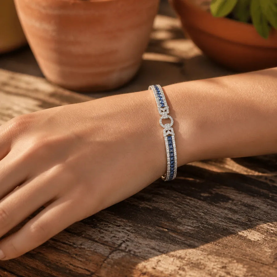 Sereva – Art Deco Sapphire Look Tennis Bracelet with Diamond-Look Clasp, Silver-Tone