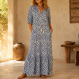 Solara – Ikat Print Boho Maxi Dress with Tassel V-Neck