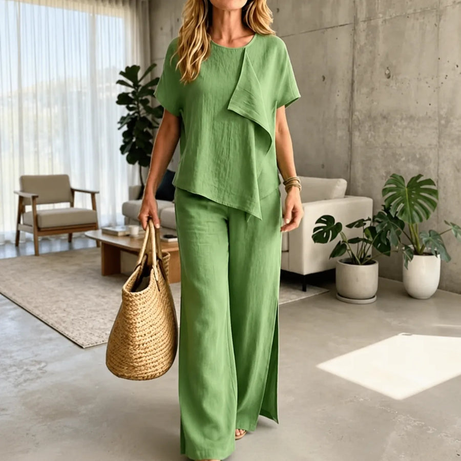 Solavia – Asymmetric Drape Top and Wide Leg Pants Set for Women