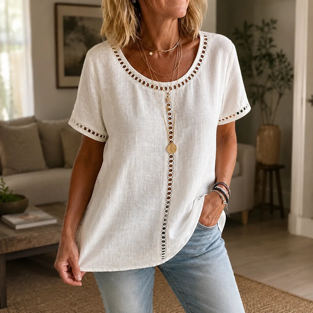 Marellia – Boho Openwork Trim Tunic Top for Women, Relaxed Fit Short Sleeve Summer Blouse