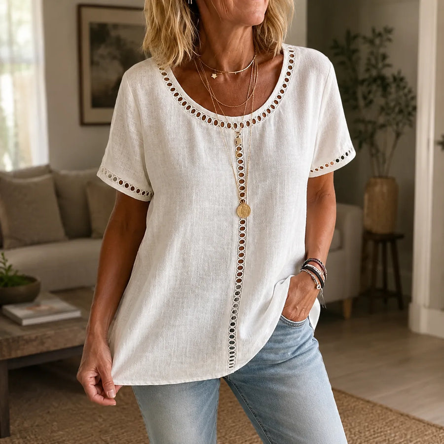 Marellia – Boho Openwork Trim Tunic Top for Women, Relaxed Fit Short Sleeve Summer Blouse
