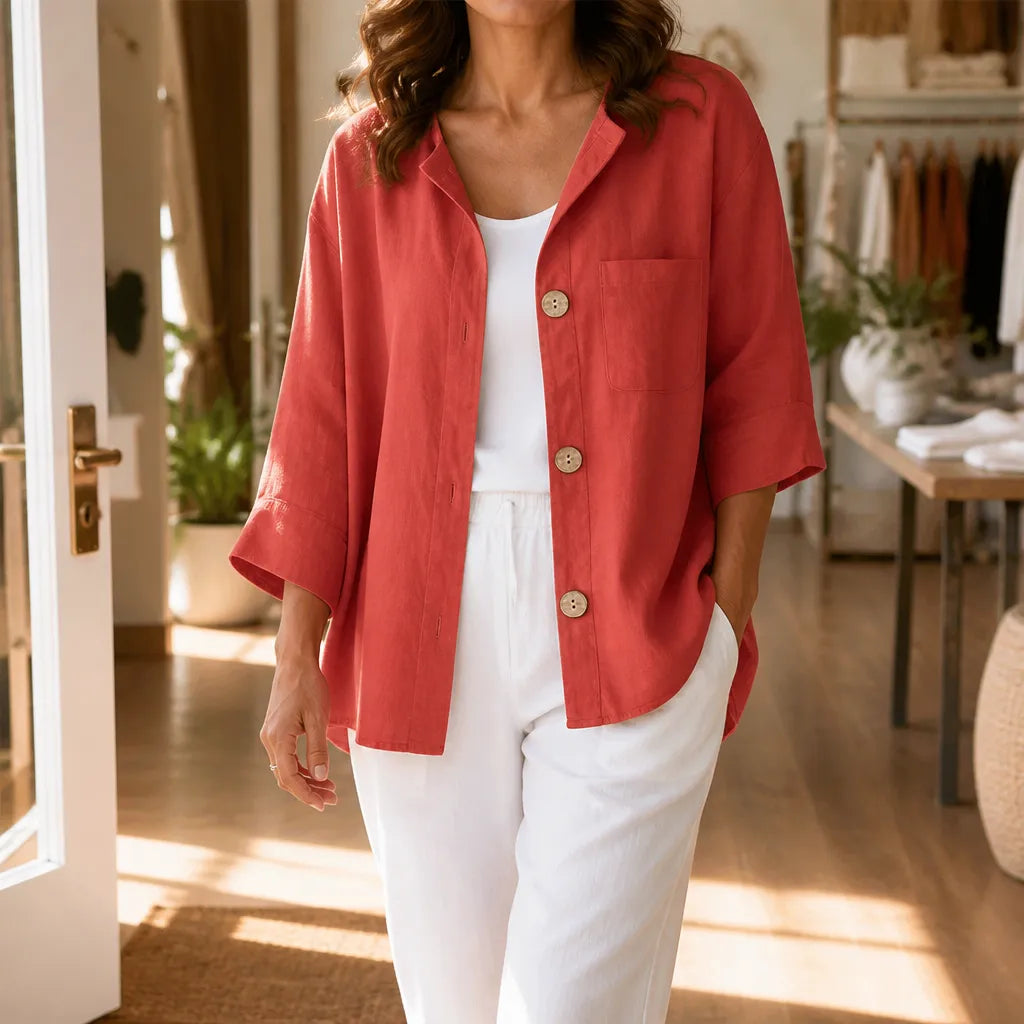 Marelle – Relaxed Fit Linen-Look Button Blouse with ¾ Sleeve