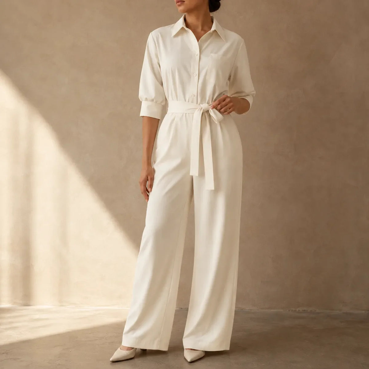 Solene – Belted Wide-Leg Shirt Jumpsuit with Tie Waist