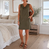 Solvea – Cowl Neck Shift Dress, Sleeveless Mini with Side Pockets